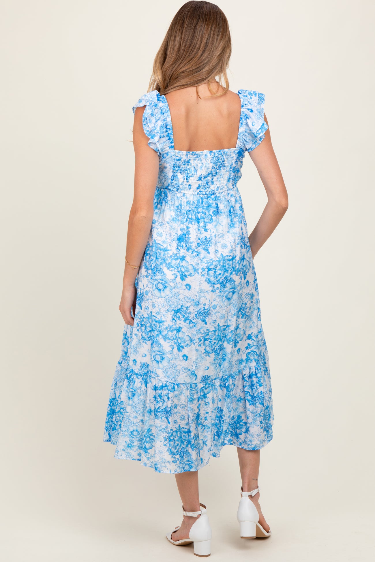 Blue Floral Ruffle Strap Pleated Bodice Maternity Midi Dress