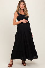 Black Swiss Dot Tiered Sleeveless Maternity Maxi Dress