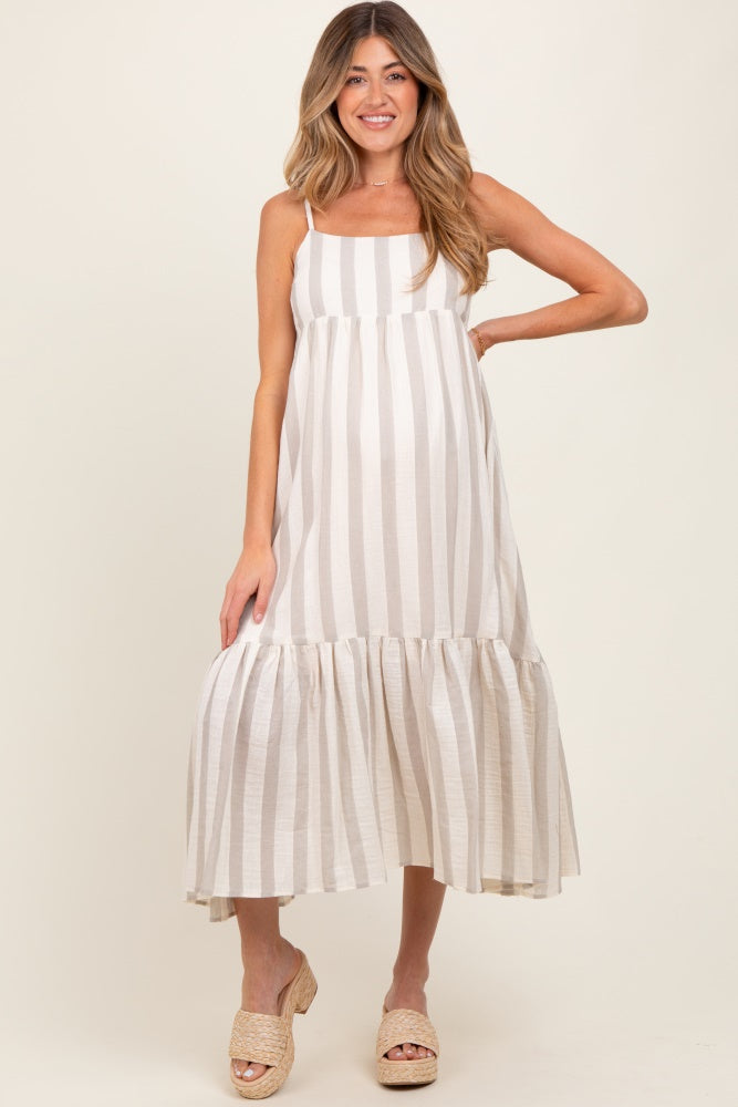 Beige Wide Stripe Linen Blend Sleeveless Maternity Maxi Dress