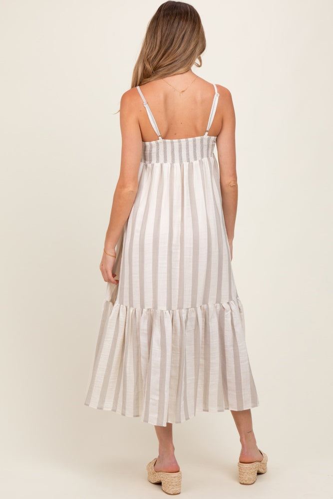 Beige Wide Stripe Linen Blend Sleeveless Maternity Maxi Dress