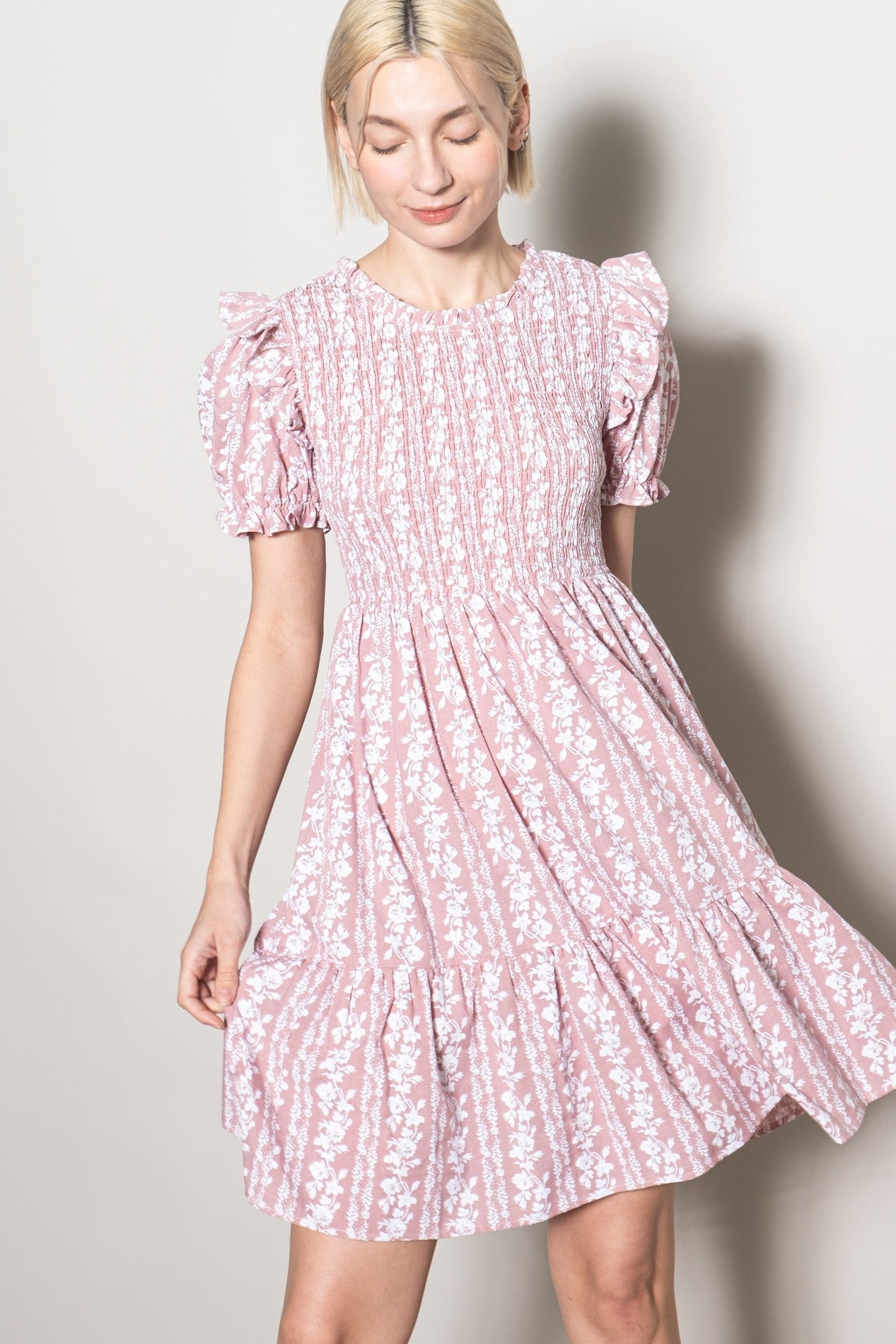 Pink Floral Smocked Ruffle Accent Maternity Dress