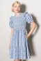 Blue Floral Smocked Ruffle Accent Dress