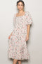 Cream Floral Pleated Bodice 3/4 Sleeve Midi Dress