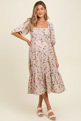 Cream Floral Pleated Bodice 3/4 Sleeve Maternity Midi Dress
