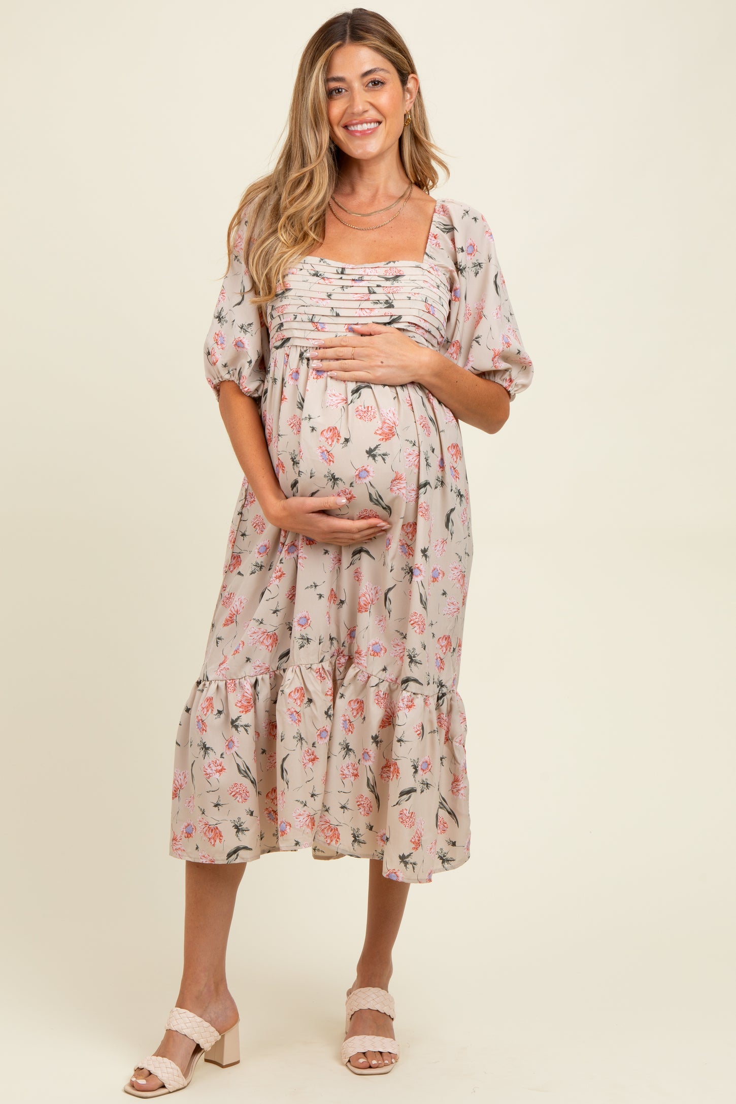 Cream Floral Pleated Bodice 3/4 Sleeve Maternity Midi Dress