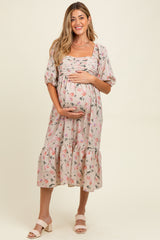 Cream Floral Pleated Bodice 3/4 Sleeve Maternity Midi Dress