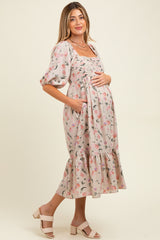 Cream Floral Pleated Bodice 3/4 Sleeve Maternity Midi Dress