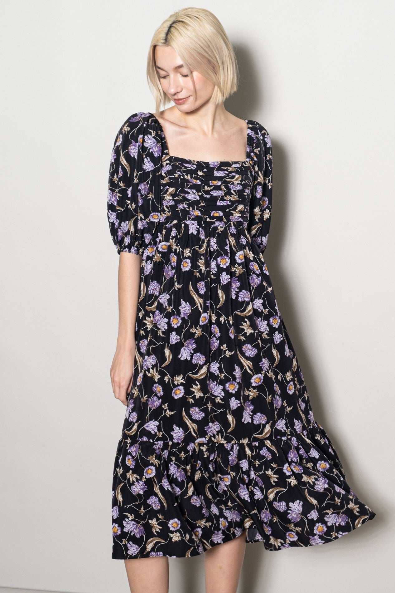 Black Floral Pleated Bodice 3/4 Sleeve Maternity Midi Dress
