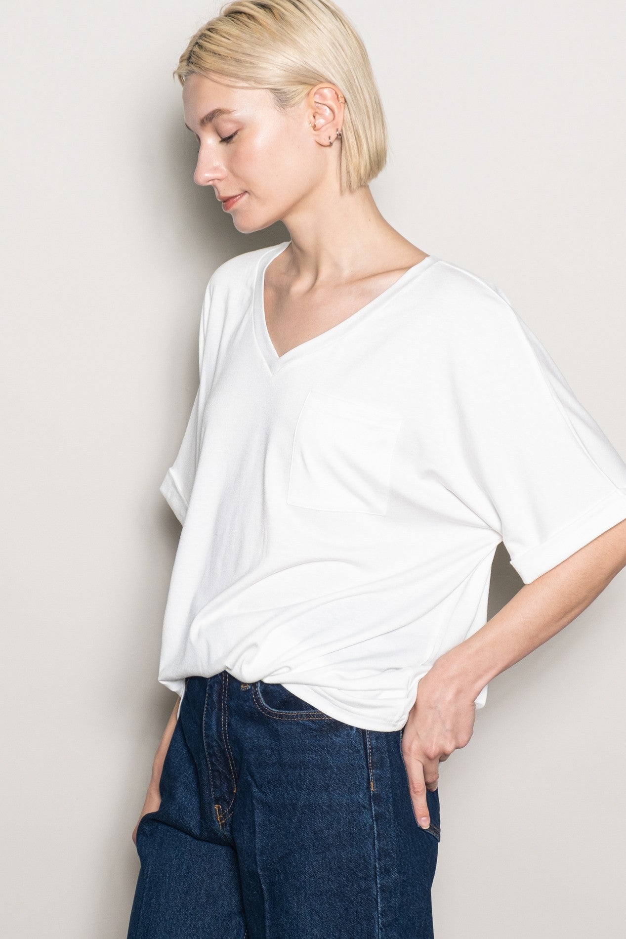 White Oversized V-Neck Front Pocket T-Shirt