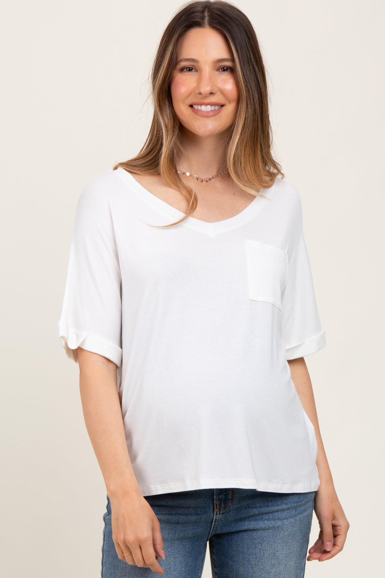 White Oversized V-Neck Front Pocket Maternity T-Shirt
