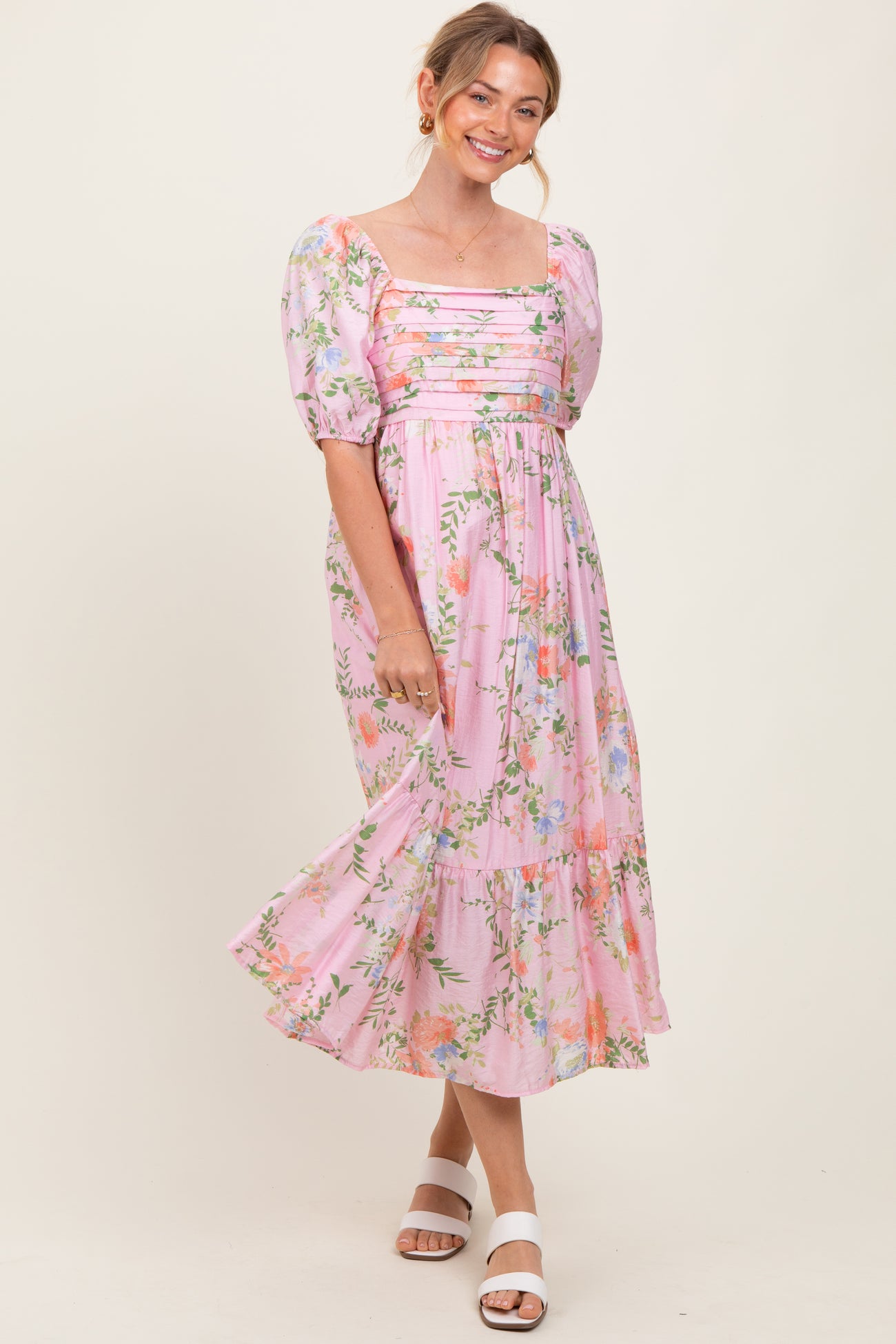 Pink Floral Pleated Bust Puff Sleeve Maternity Midi Dress