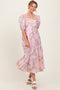 Pink Floral Pleated Bust Puff Sleeve Midi Dress
