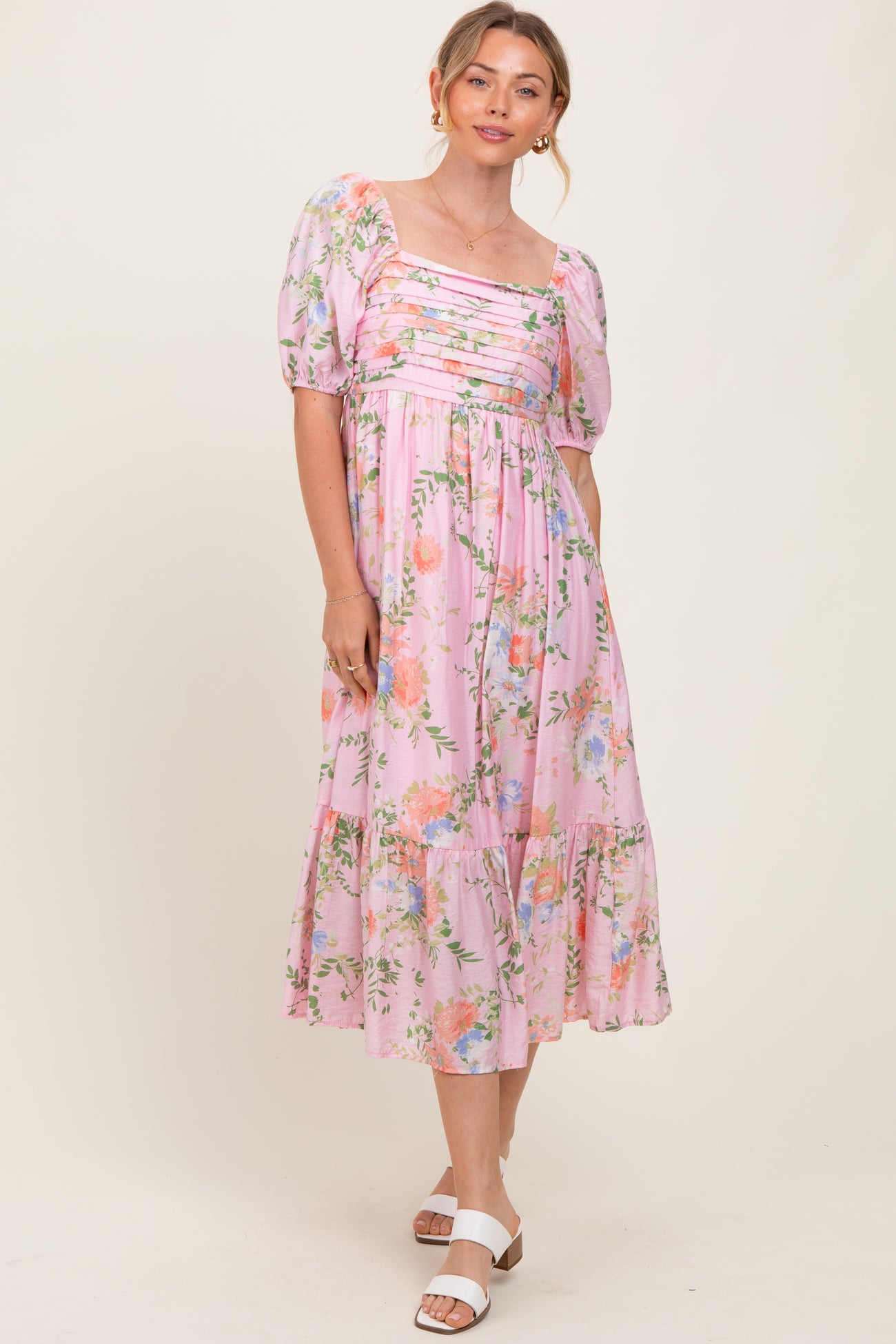 Pink Floral Pleated Bust Puff Sleeve Midi Dress