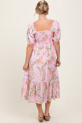 Pink Floral Pleated Bust Puff Sleeve Midi Dress