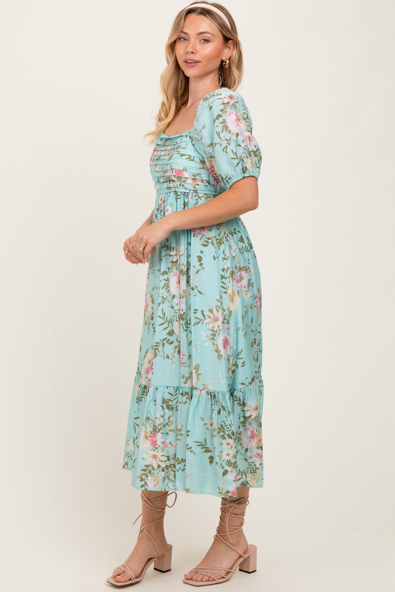 Mint Floral Pleated Bust Puff Sleeve Midi Dress
