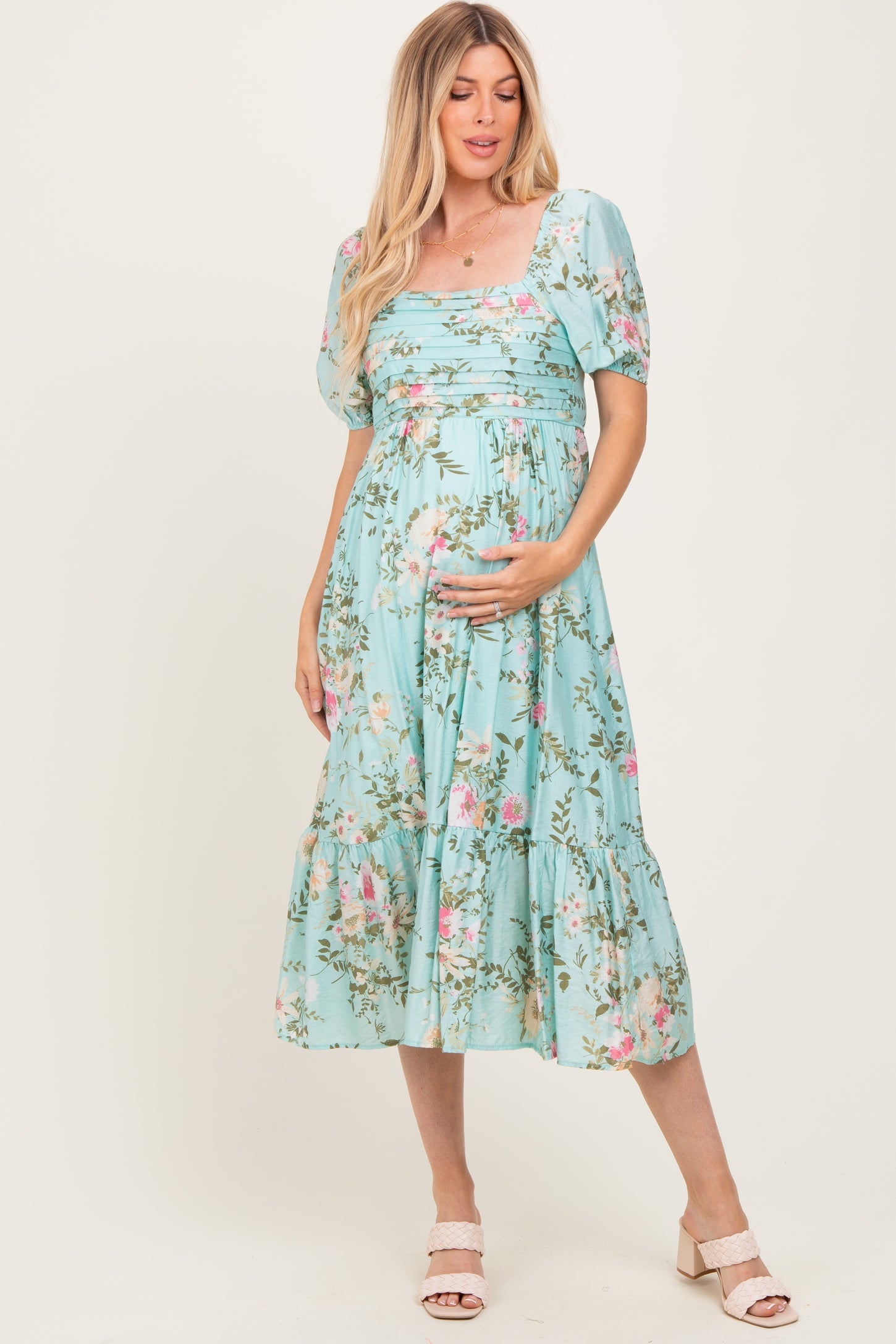 Mint Floral Pleated Bust Puff Sleeve Maternity Midi Dress