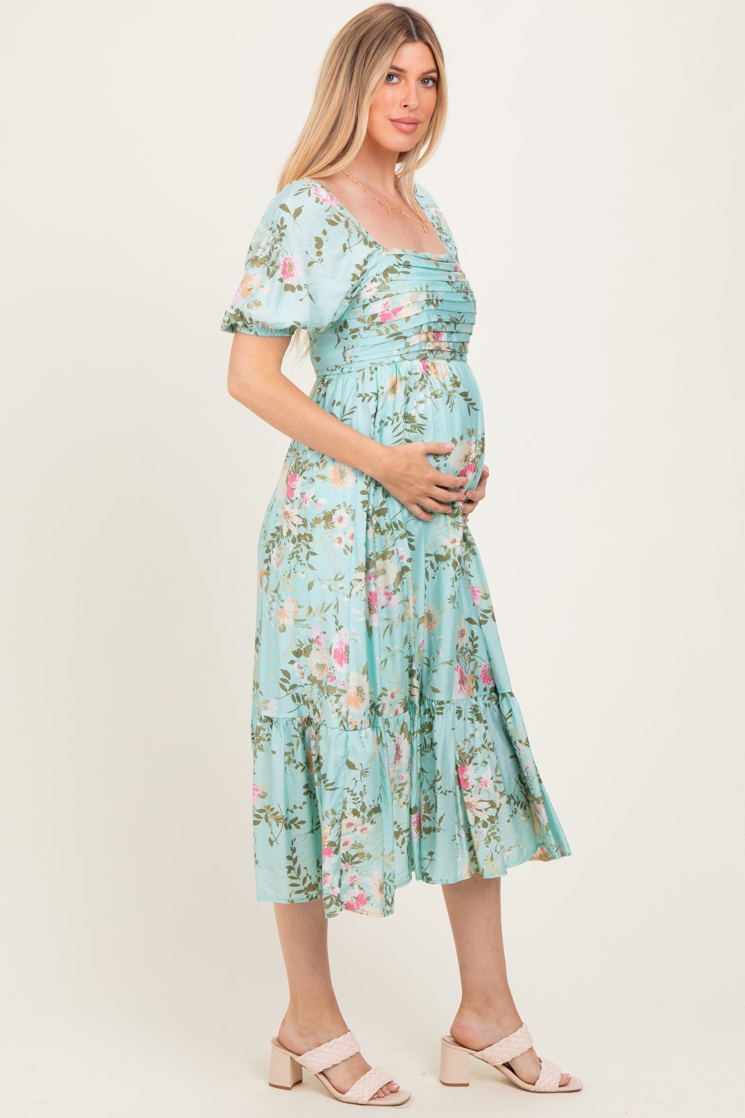 Mint Floral Pleated Bust Puff Sleeve Maternity Midi Dress