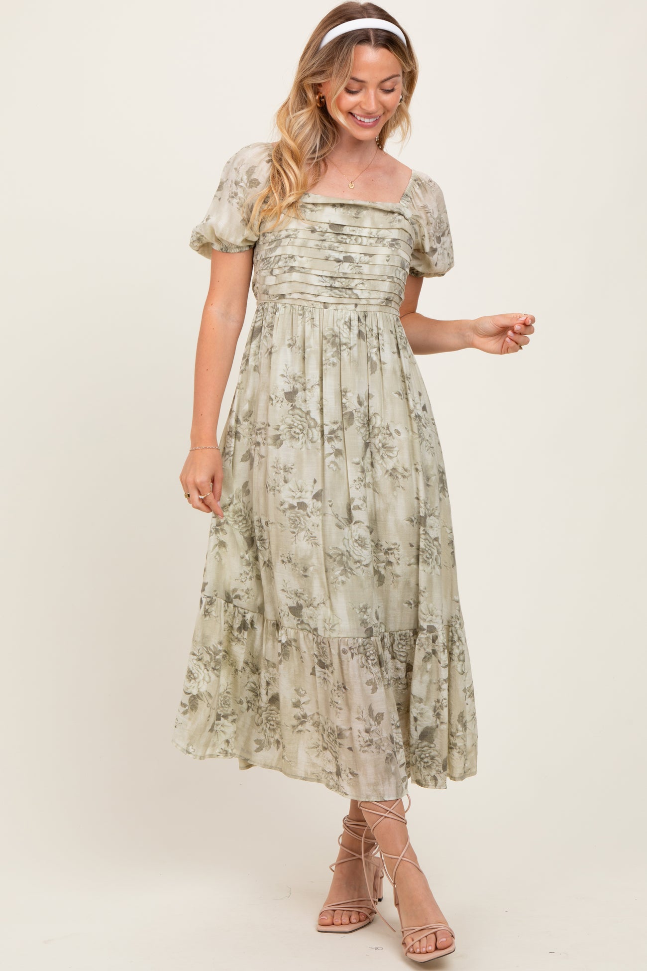 Olive Floral Pleated Bust Puff Sleeve Maternity Midi Dress
