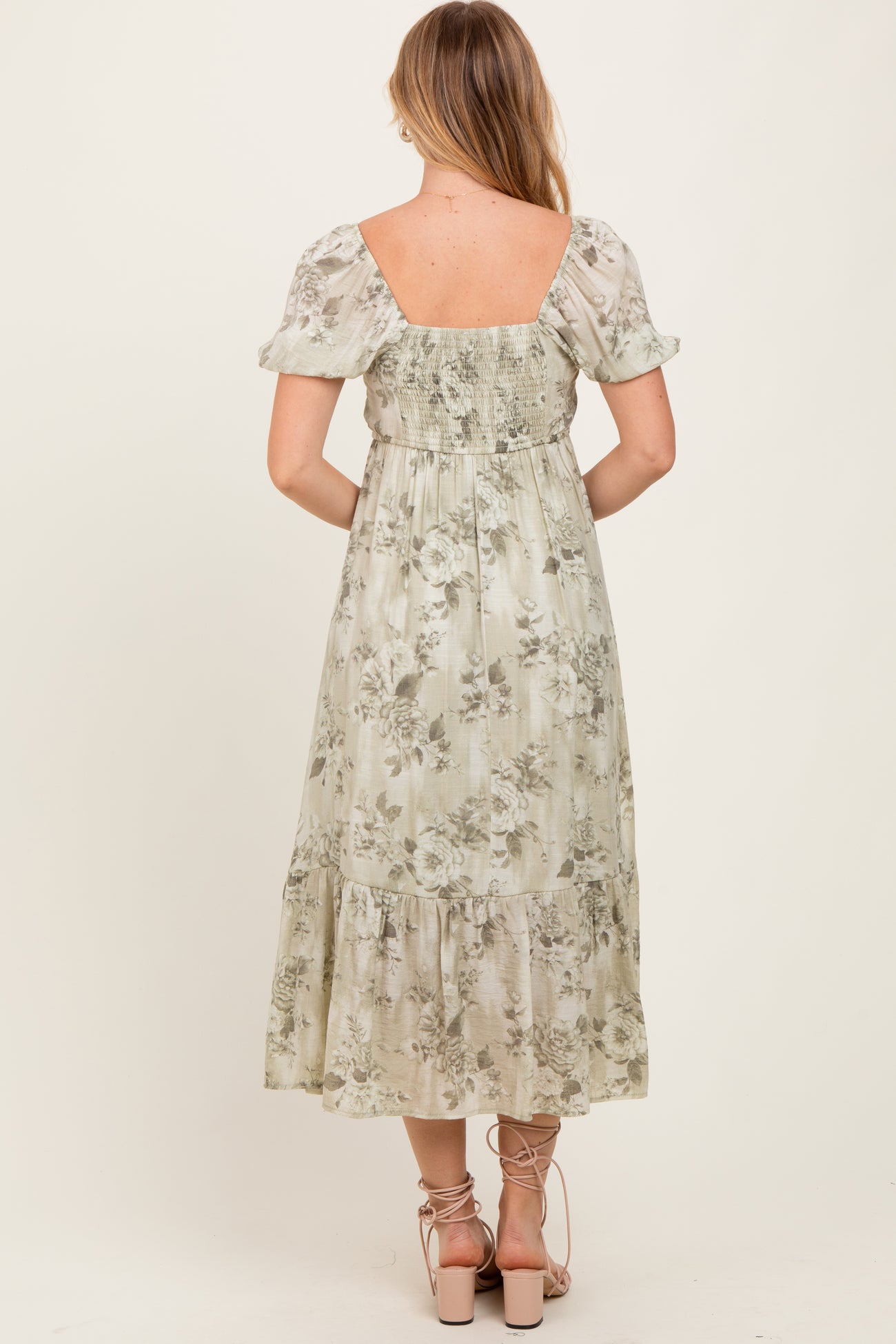 Olive Floral Pleated Bust Puff Sleeve Midi Dress