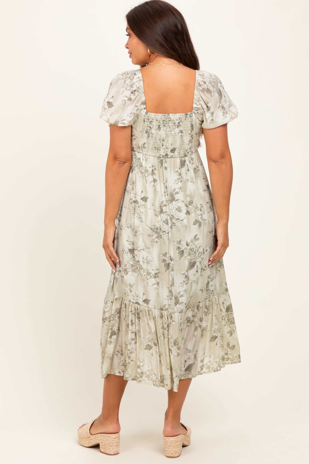 Olive Floral Pleated Bust Puff Sleeve Maternity Midi Dress