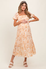 Peach Floral Pleated Bust Puff Sleeve Maternity Midi Dress