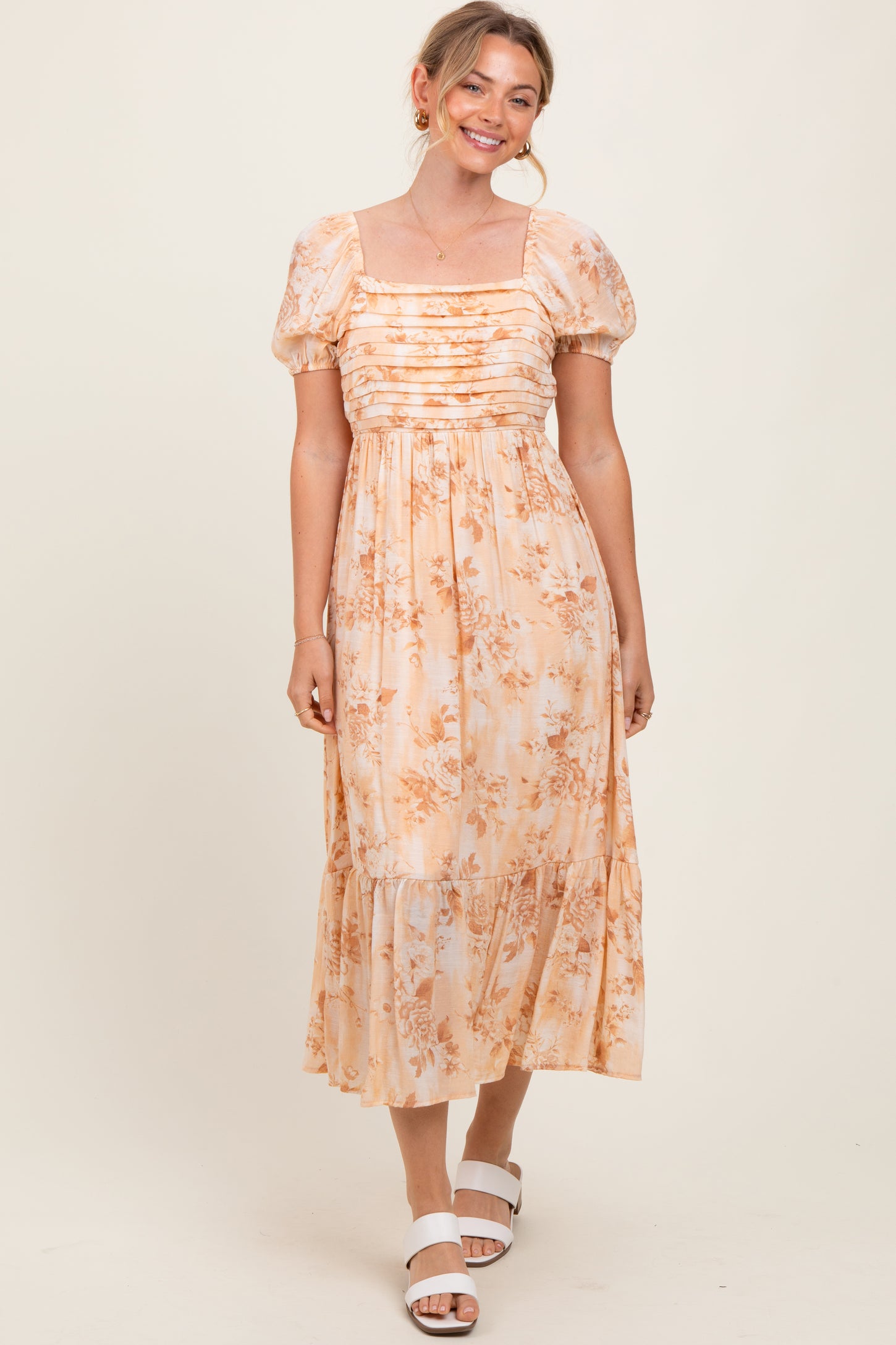 Peach Floral Pleated Bust Puff Sleeve Midi Dress