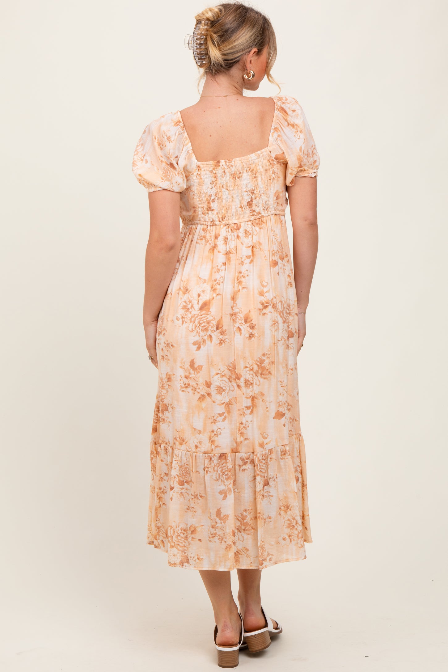Peach Floral Pleated Bust Puff Sleeve Midi Dress