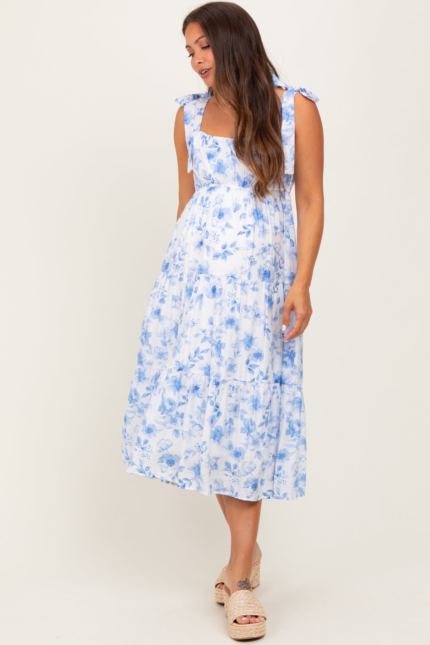 Blue Floral Shoulder Tie Tiered Maternity Midi Dress