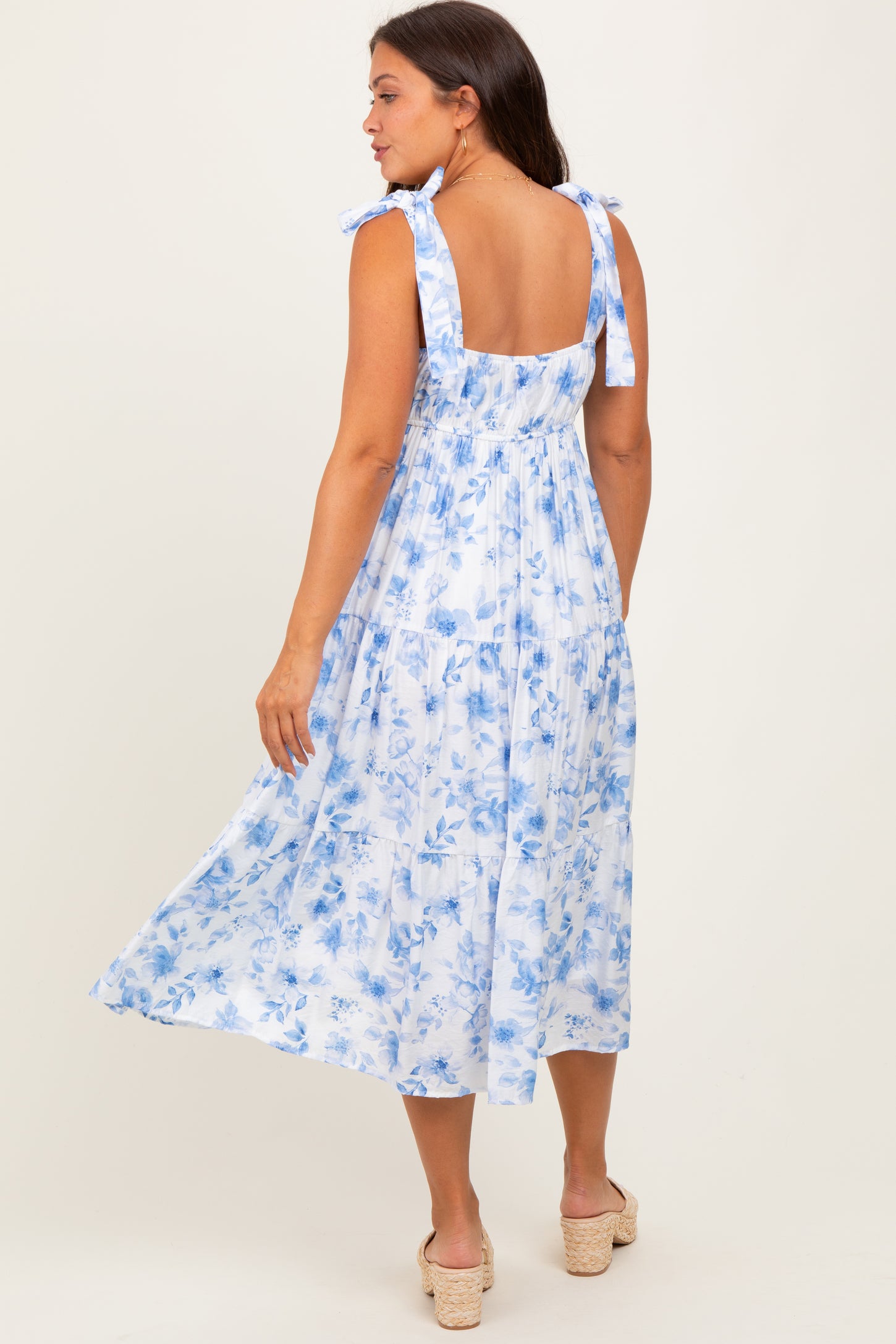 Blue Floral Shoulder Tie Tiered Maternity Midi Dress