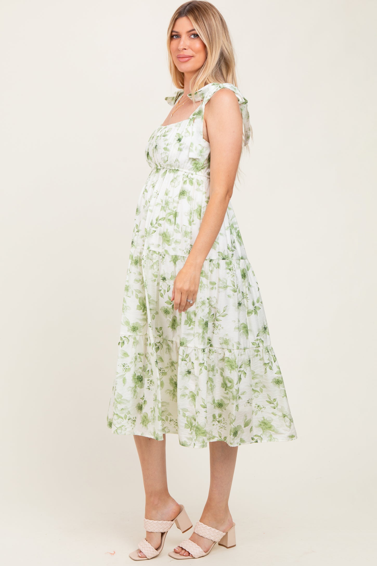 Olive Floral Shoulder Tie Tiered Maternity Midi Dress