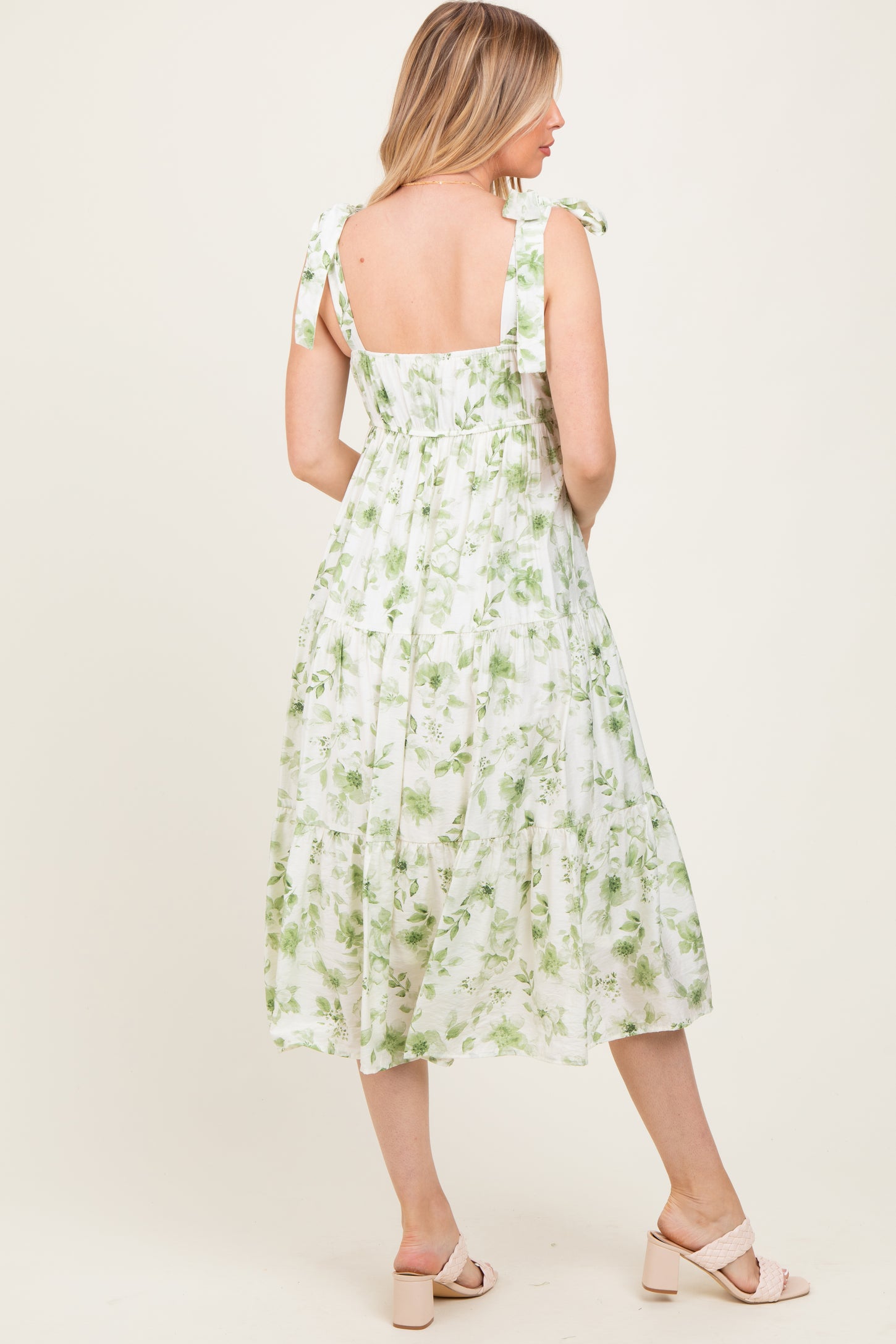 Olive Floral Shoulder Tie Tiered Maternity Midi Dress