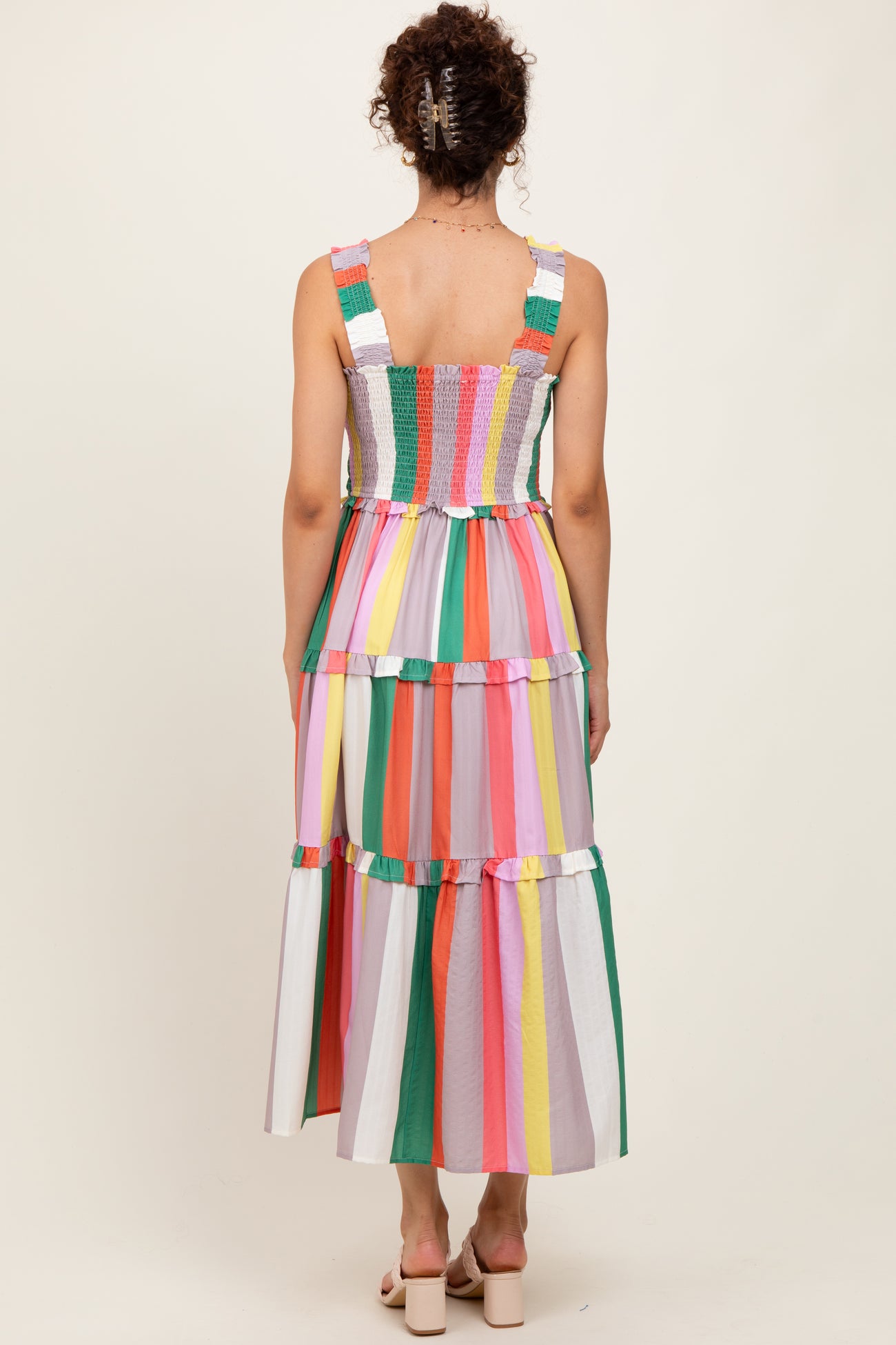 Green Wide Stripe Smocked Tiered Midi Dress