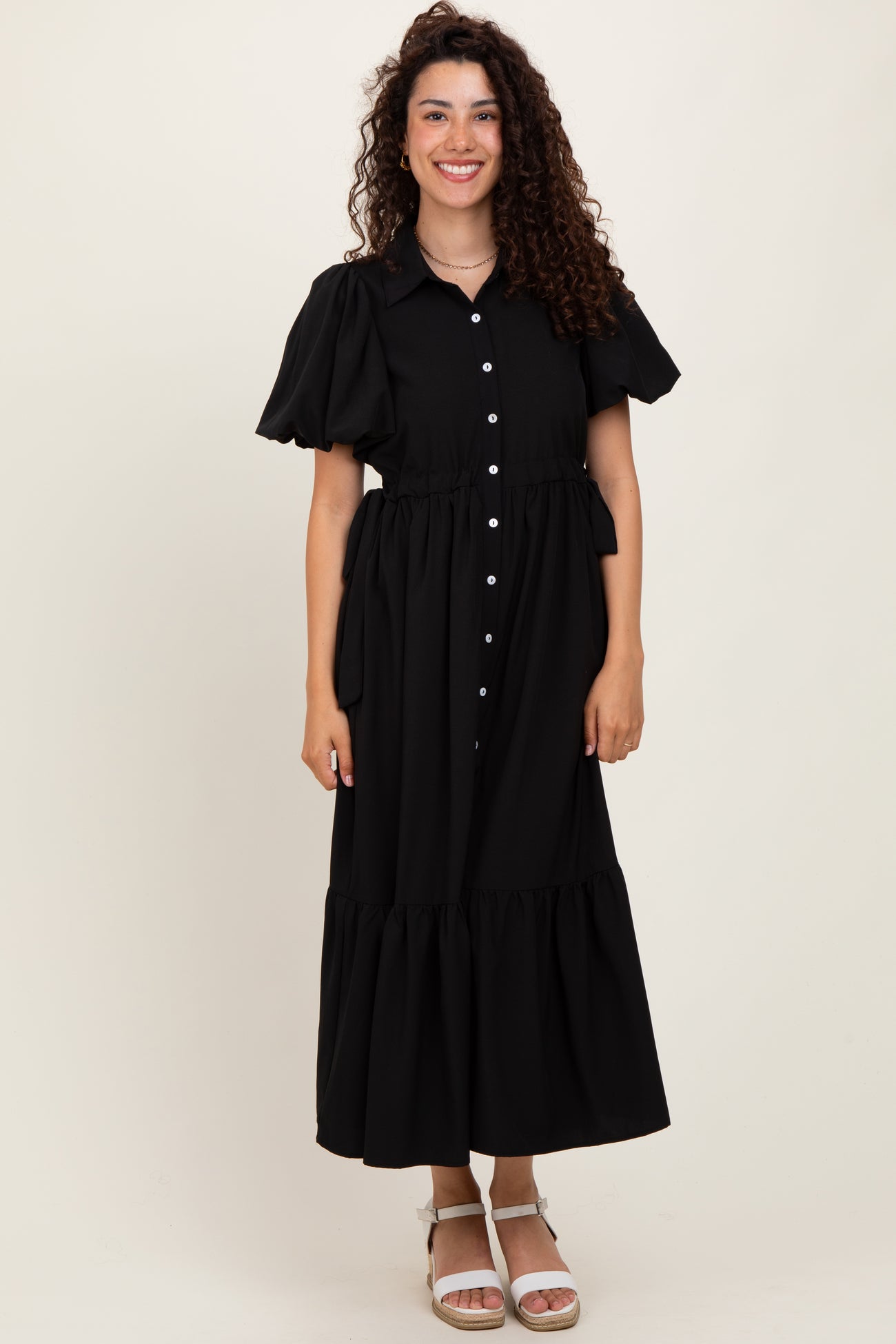 Black Puff Sleeve Side Tie Maternity Midi Shirt Dress