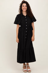 Black Puff Sleeve Side Tie Maternity Midi Shirt Dress