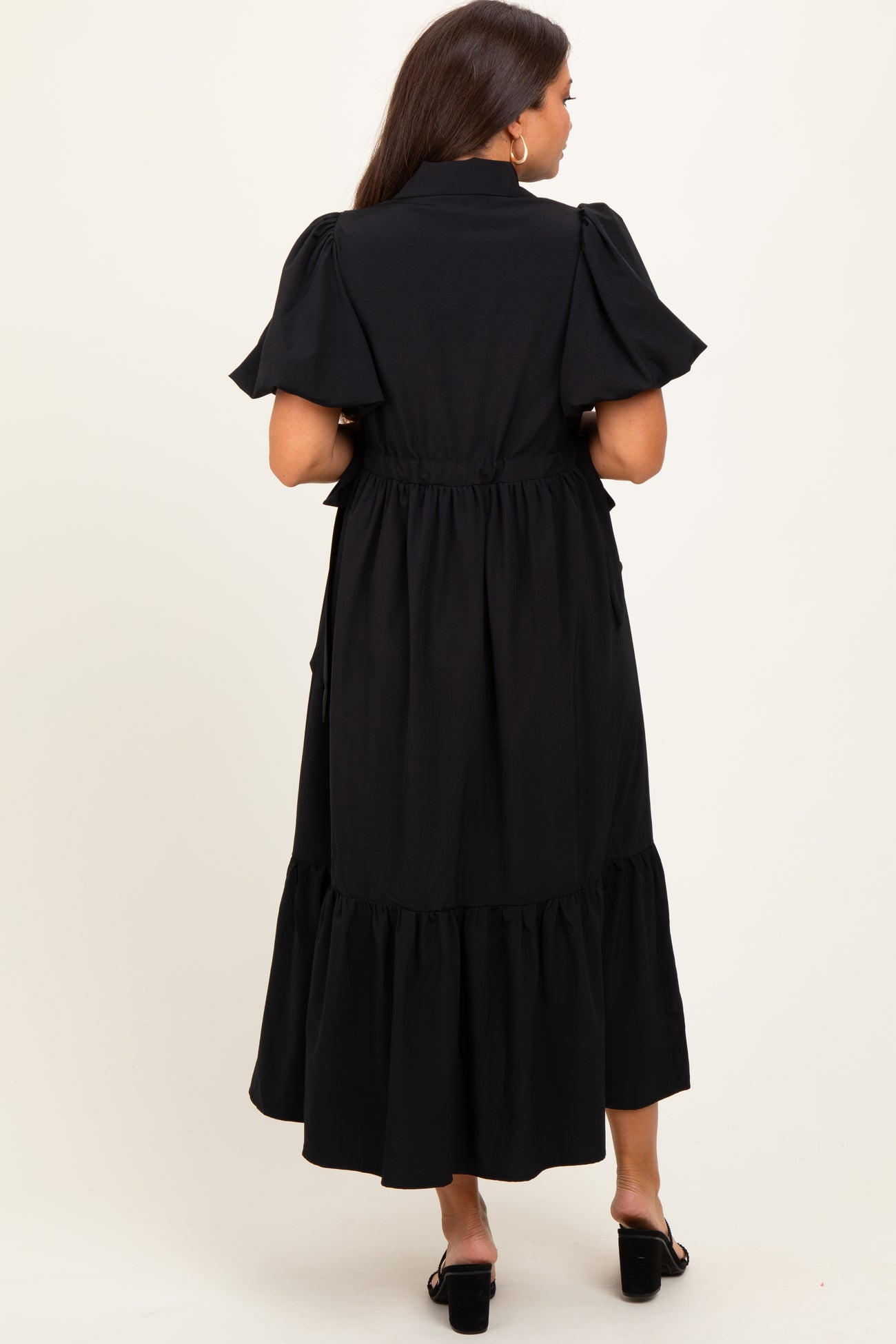 Black Puff Sleeve Side Tie Maternity Midi Shirt Dress