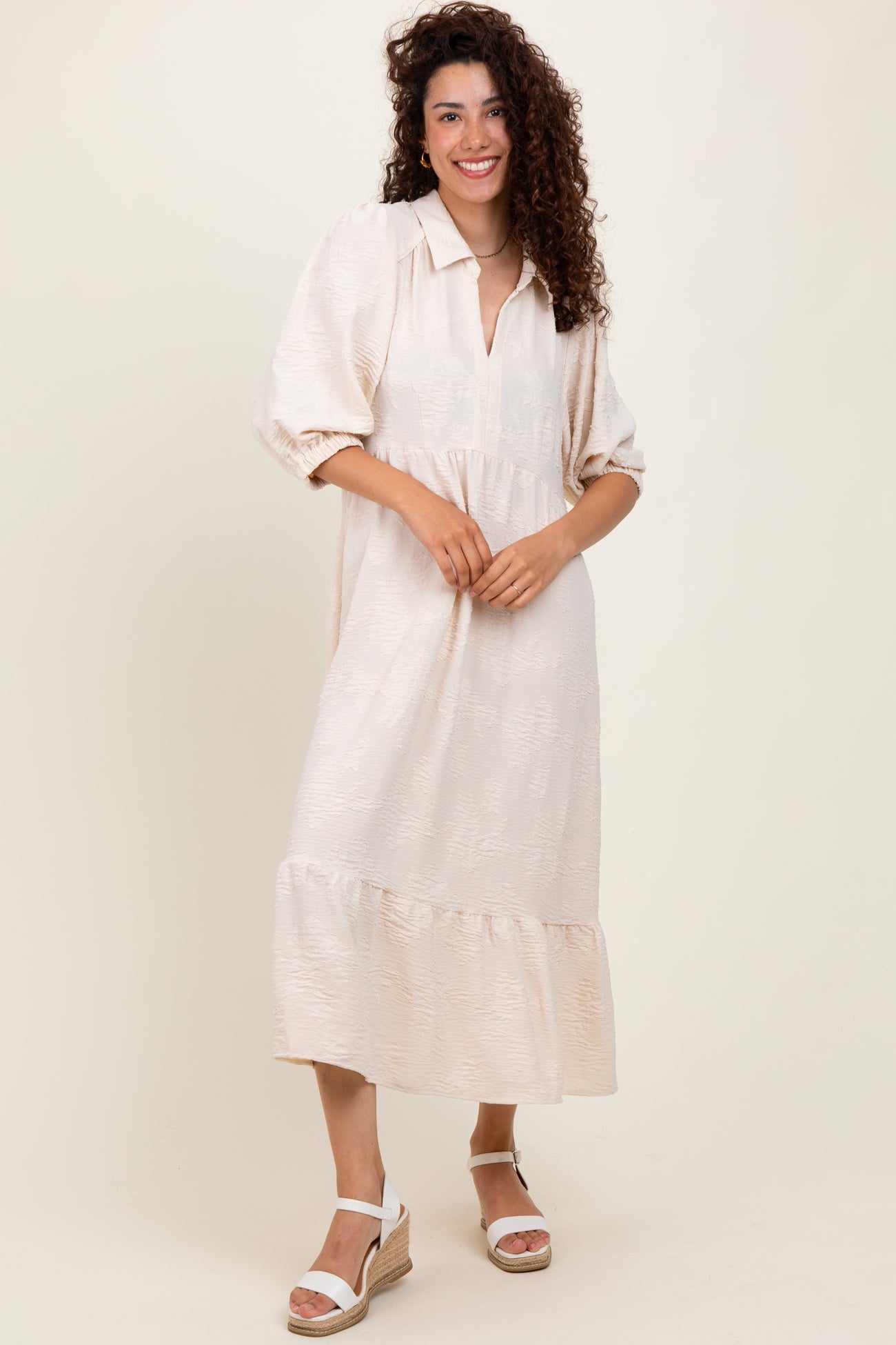 Cream Floral Applique Collared Midi Dress