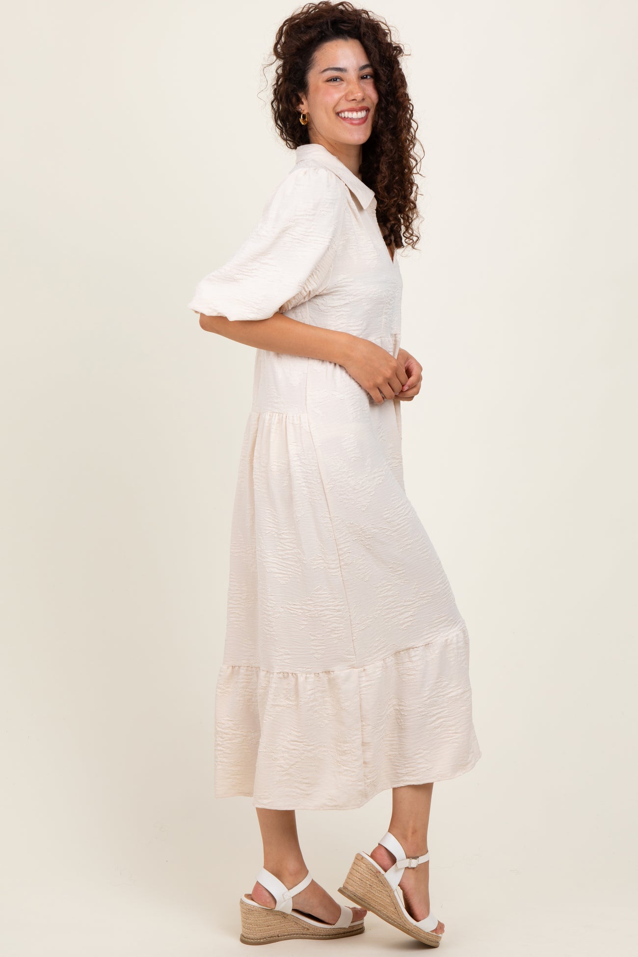 Cream Floral Applique Collared Midi Dress