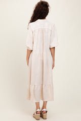 Cream Floral Applique Collared Midi Dress
