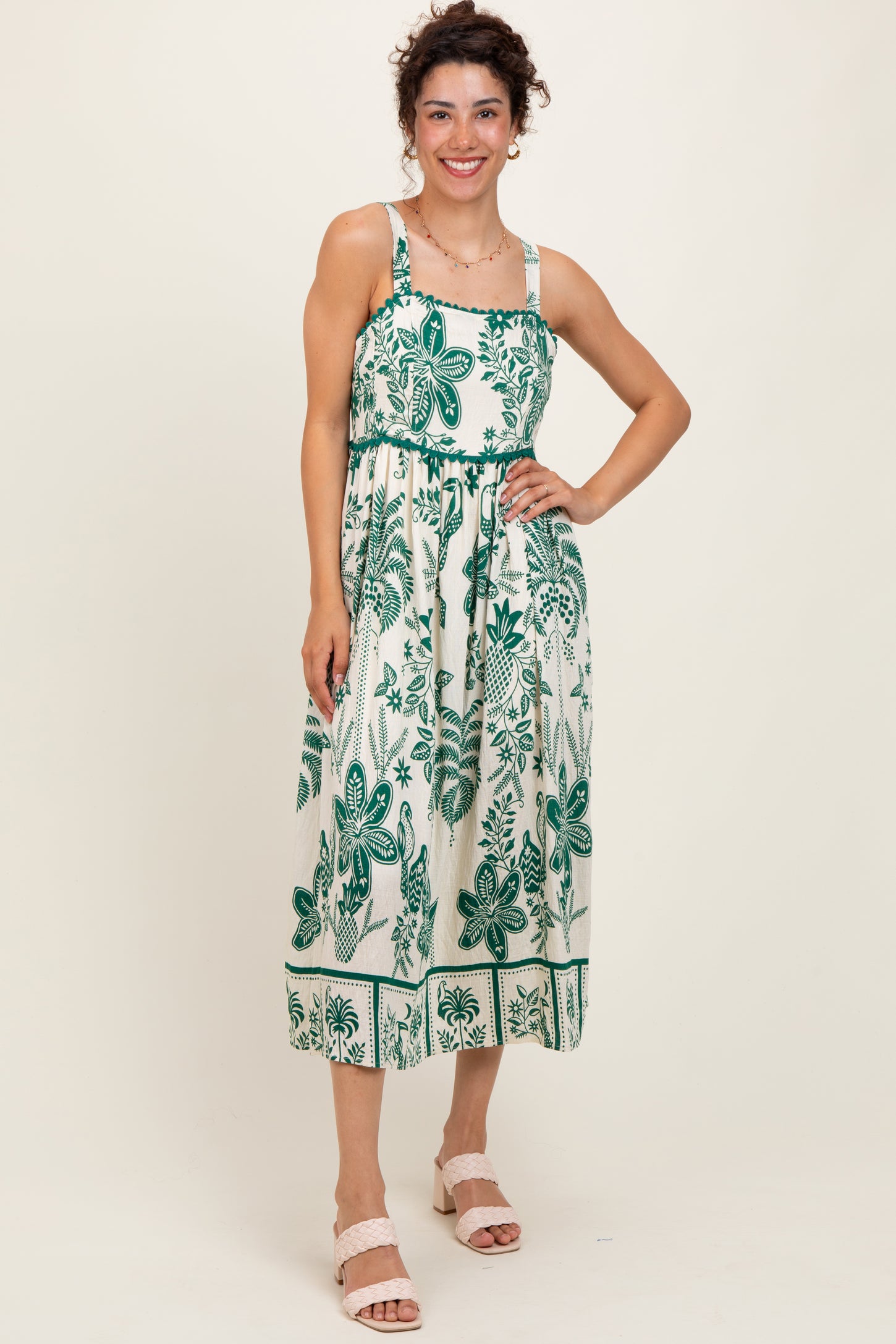 Green Floral Scallop Trim Midi Dress