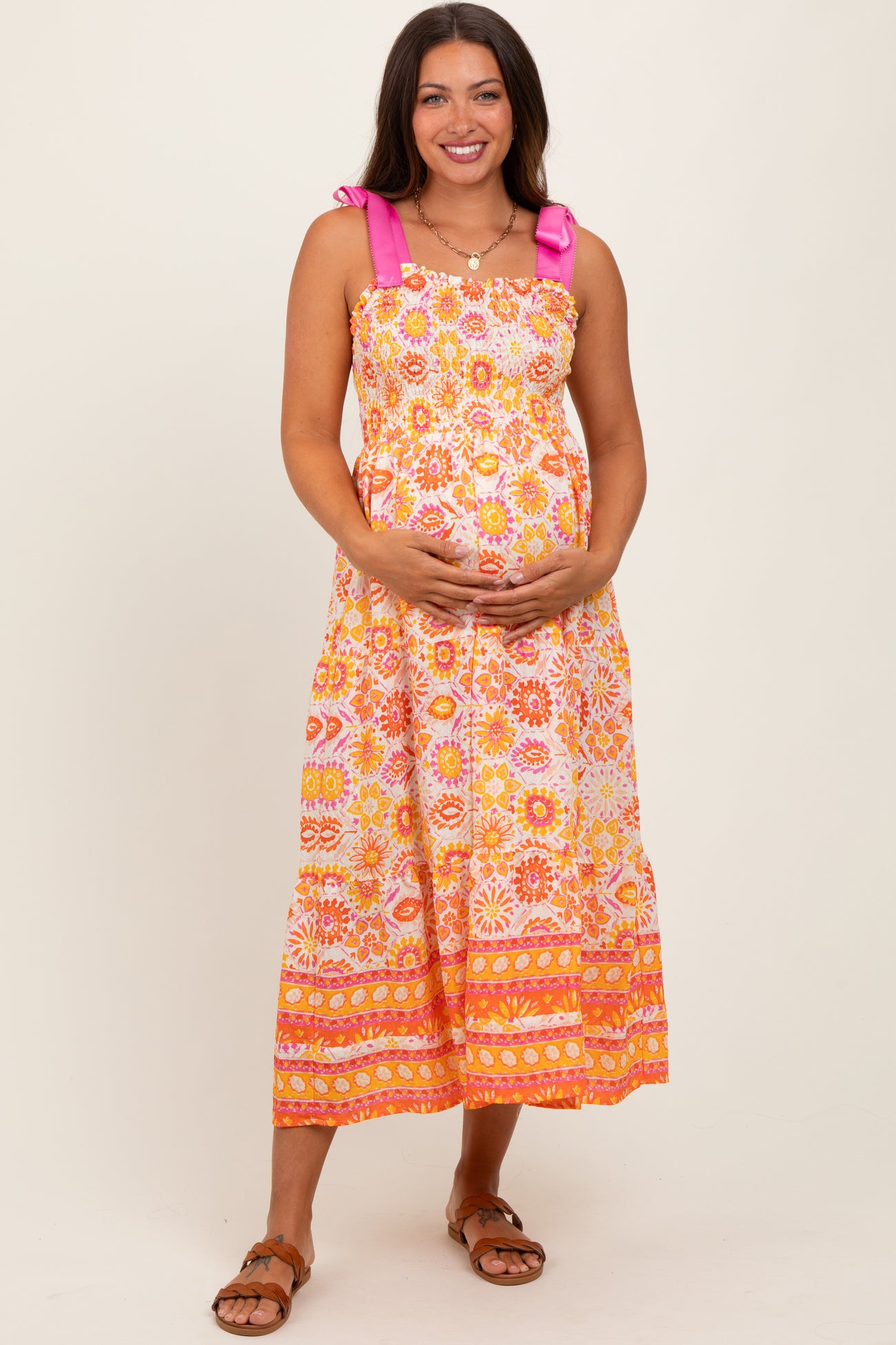Yellow Floral Shoulder Tie Smocked Maternity Midi Dress