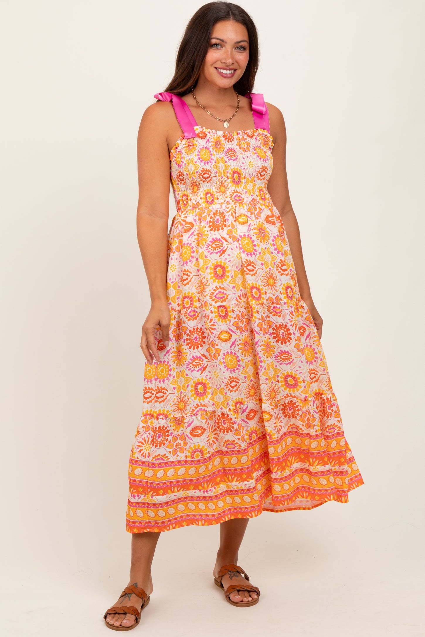 Yellow Floral Shoulder Tie Smocked Maternity Midi Dress