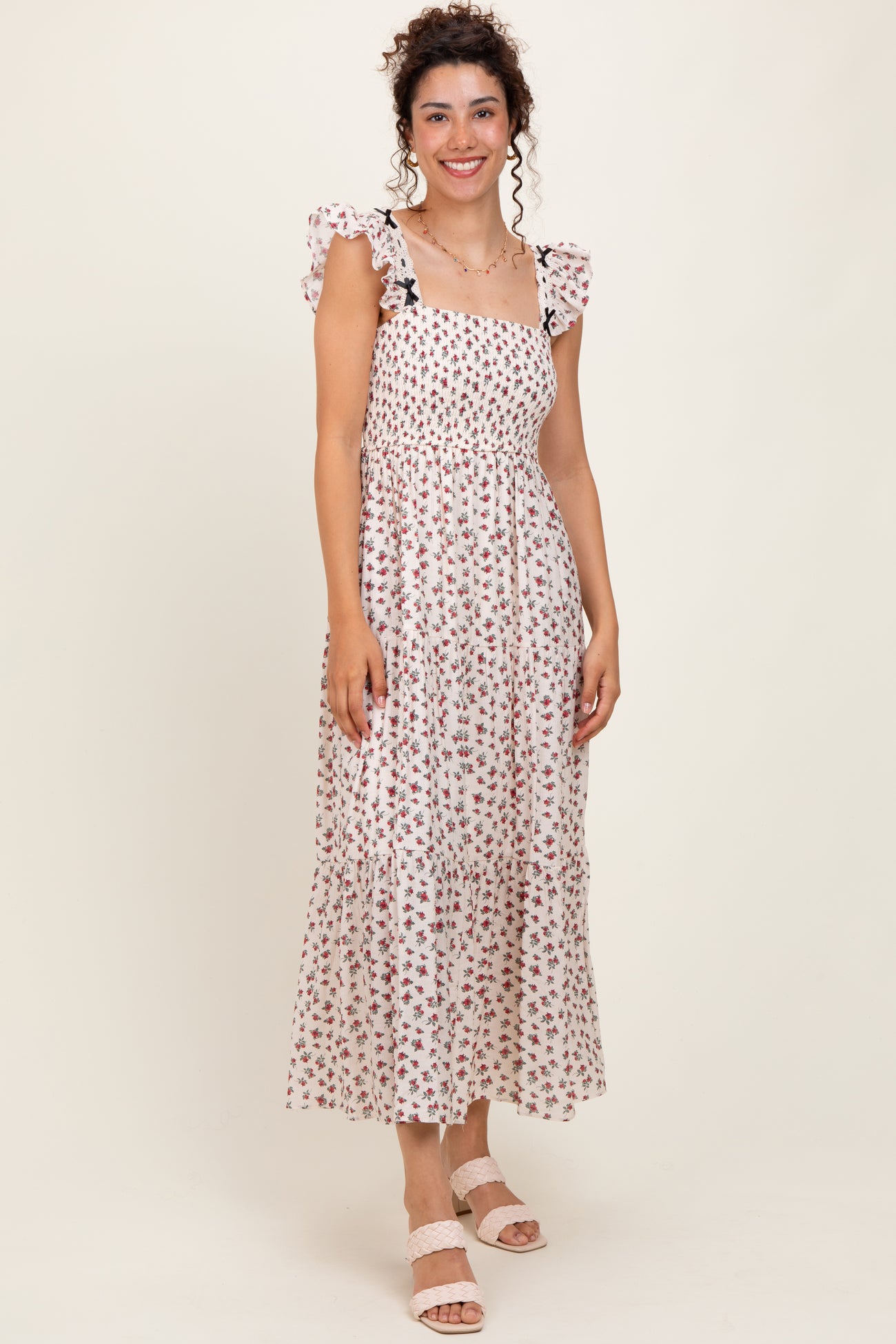 Red Floral Bow Trim Lace Detail Smocked Maxi Dress