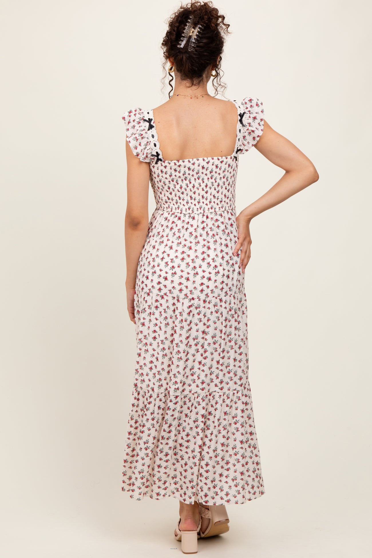 Red Floral Bow Trim Lace Detail Smocked Maxi Dress