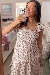 Red Floral Bow Trim Lace Detail Smocked Maxi Dress