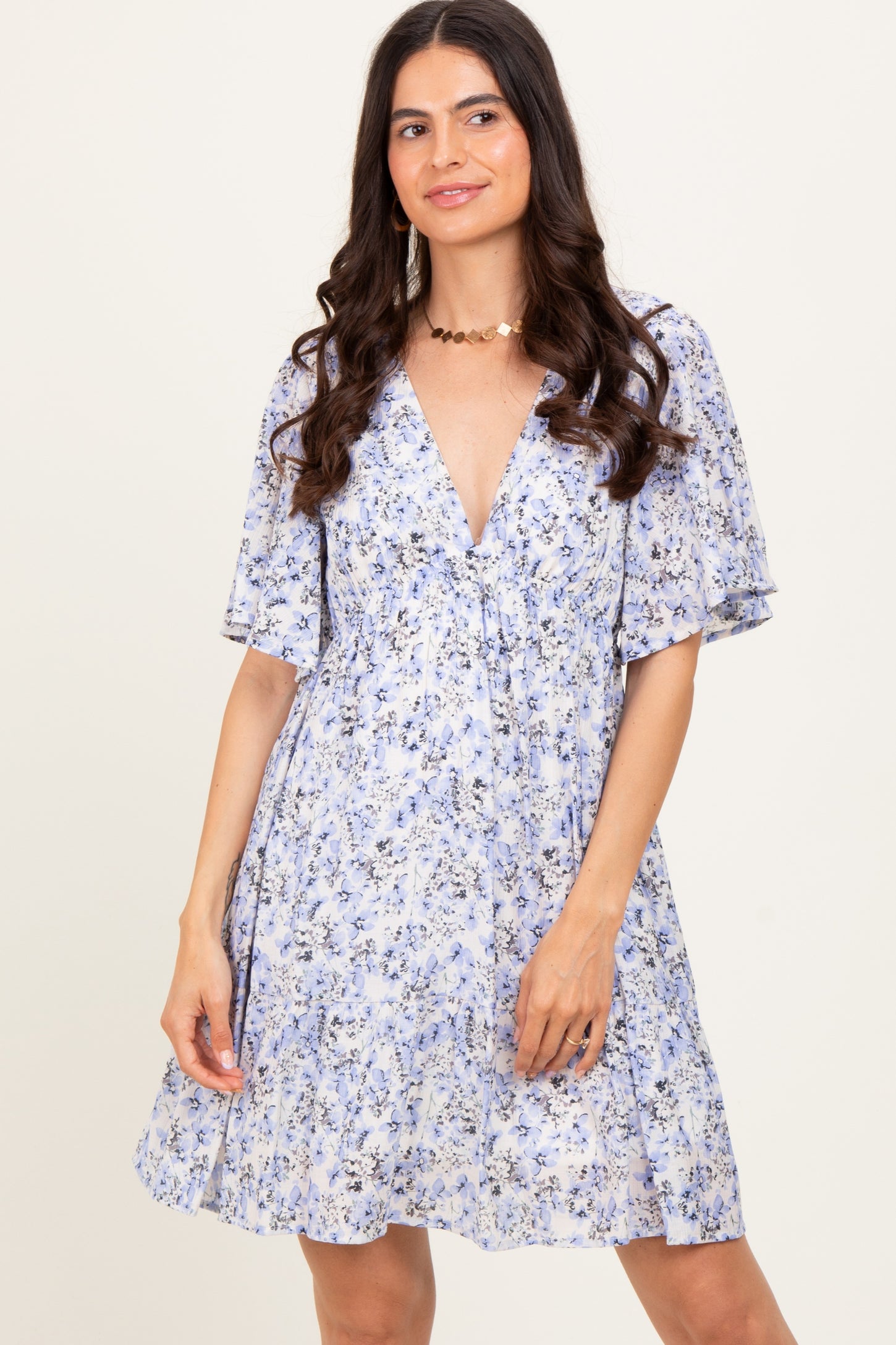 Periwinkle Floral V-Neck Flutter Sleeve Maternity Mini Dress