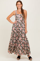 Mocha Floral Ruffle Detail Maternity Maxi Dress