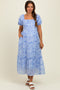 Blue Abstract Puff Sleeve Ruffle Detail Maternity Midi Dress