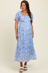 Blue Abstract Puff Sleeve Ruffle Detail Maternity Midi Dress