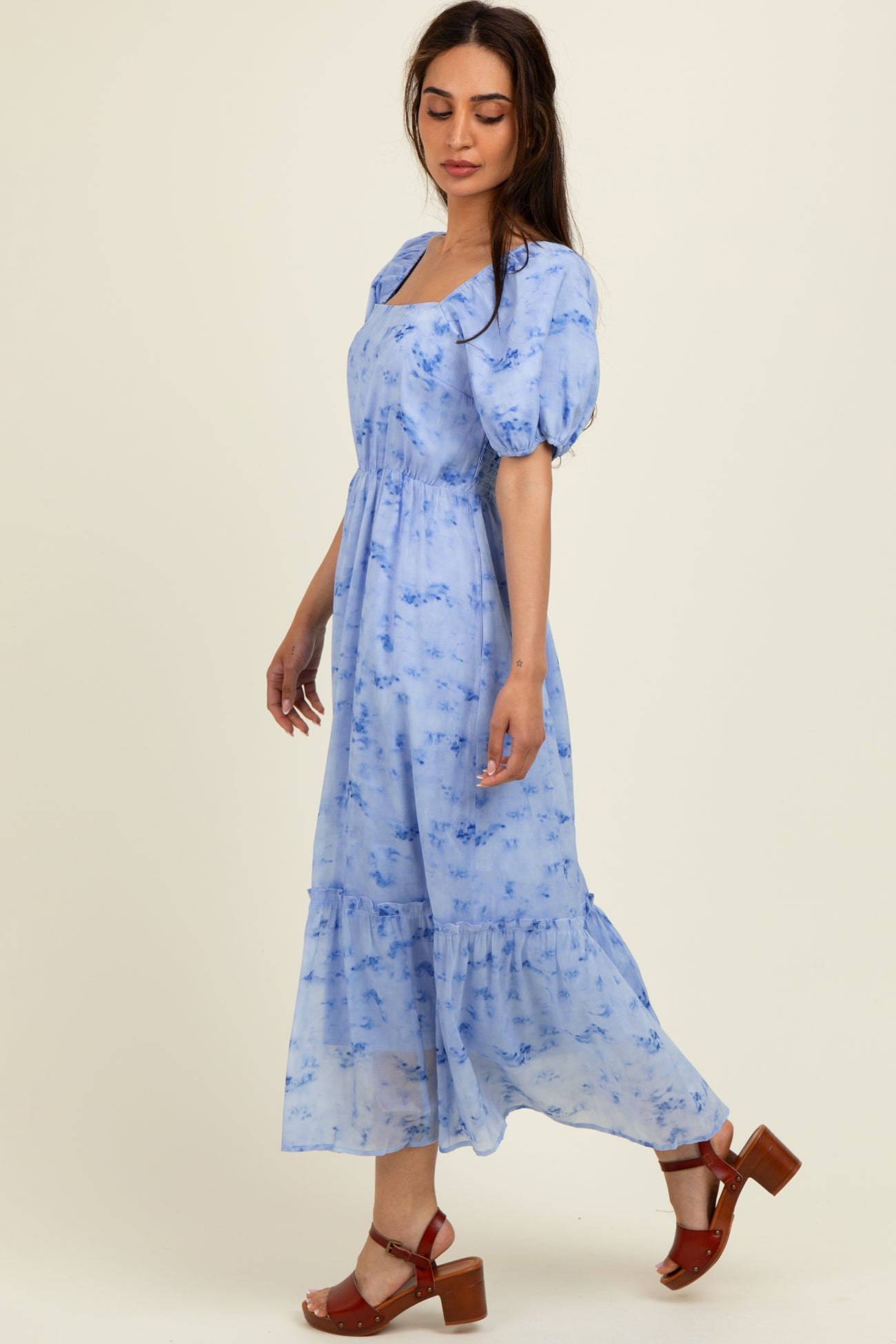 Blue Abstract Puff Sleeve Ruffle Detail Midi Dress