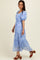 Blue Abstract Puff Sleeve Ruffle Detail Midi Dress